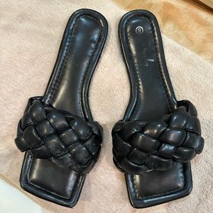 Black leather braided slides
